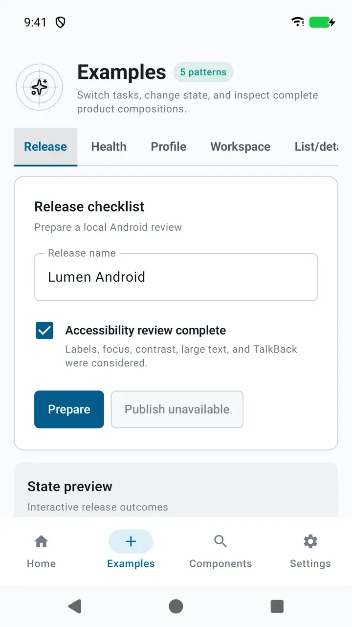 Lumen Android app showing a release checklist with an outlined text field, checkbox, actions, and bottom navigation.