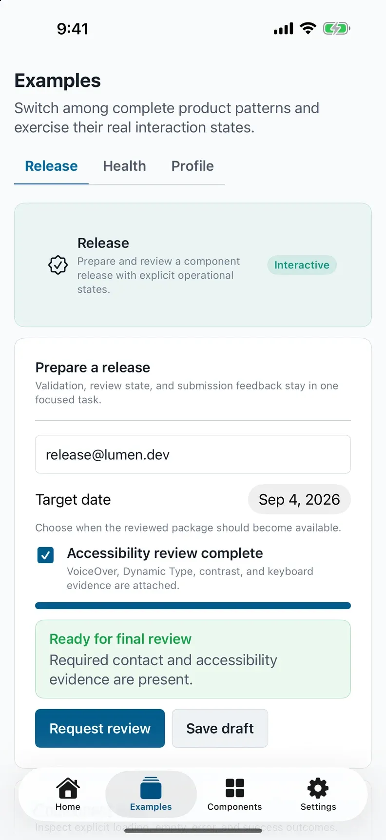 Lumen SwiftUI iPhone app showing a release form, native date picker, accessibility checklist, and success feedback.