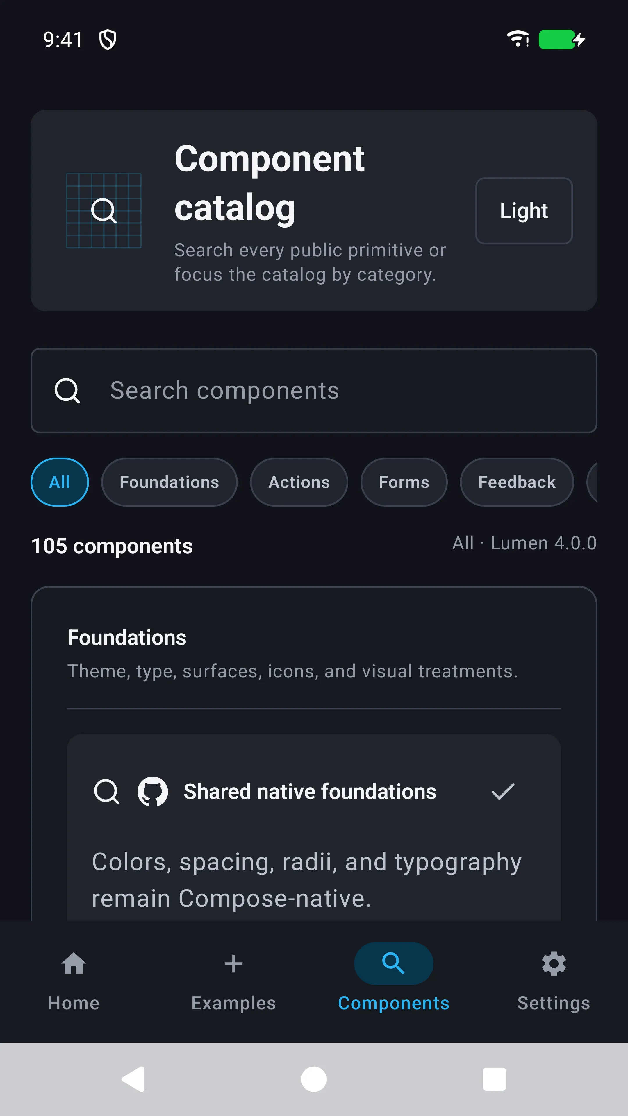 Lumen Playground on Android, showing the component catalog in dark mode
