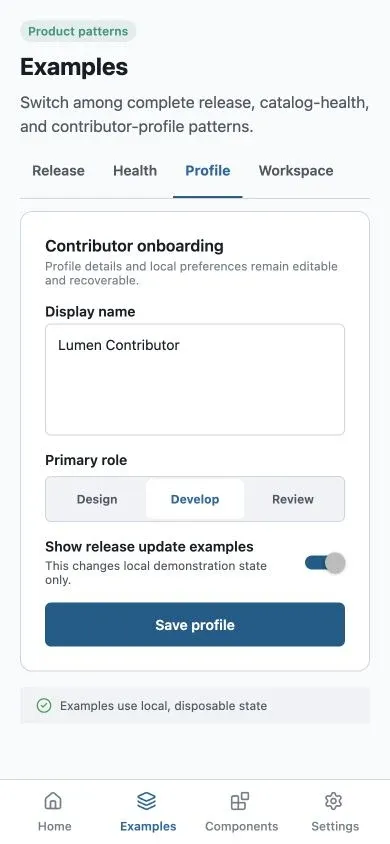 Lumen React Native contributor profile with a name field, role selector, preference switch, and save action.