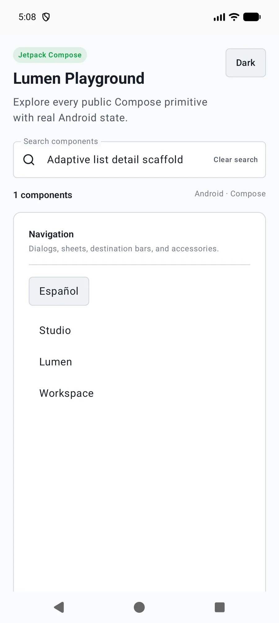 Adaptive list detail scaffold rendered in the Android phone emulator Lumen playground