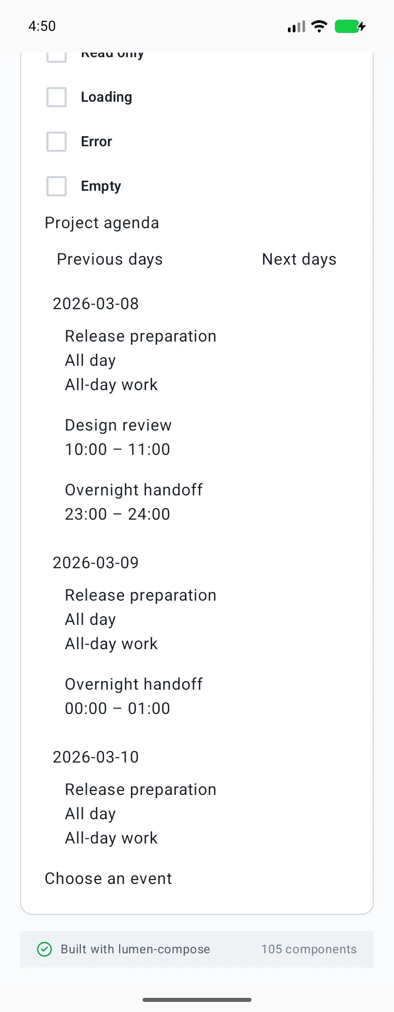 Agenda rendered in the Android phone emulator Lumen playground