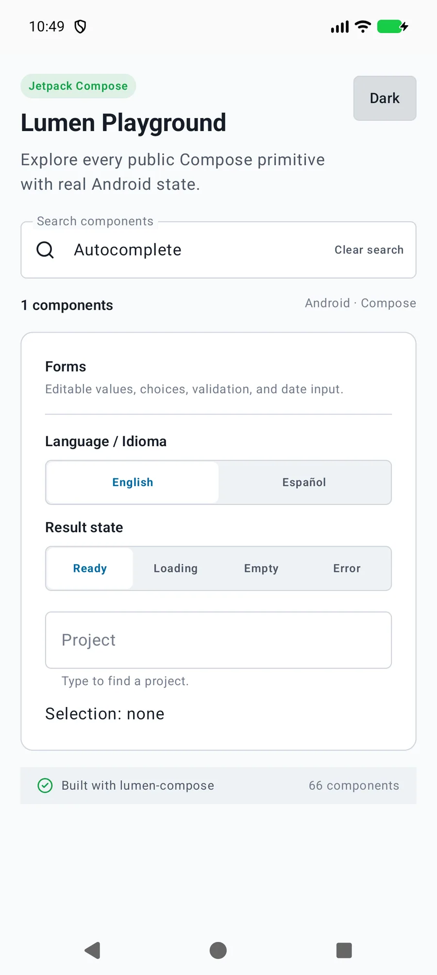 Autocomplete rendered in the Android phone emulator Lumen playground