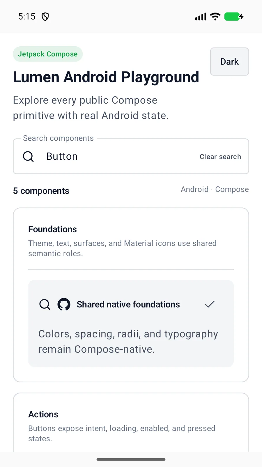 Button group rendered in the Android phone emulator Lumen playground