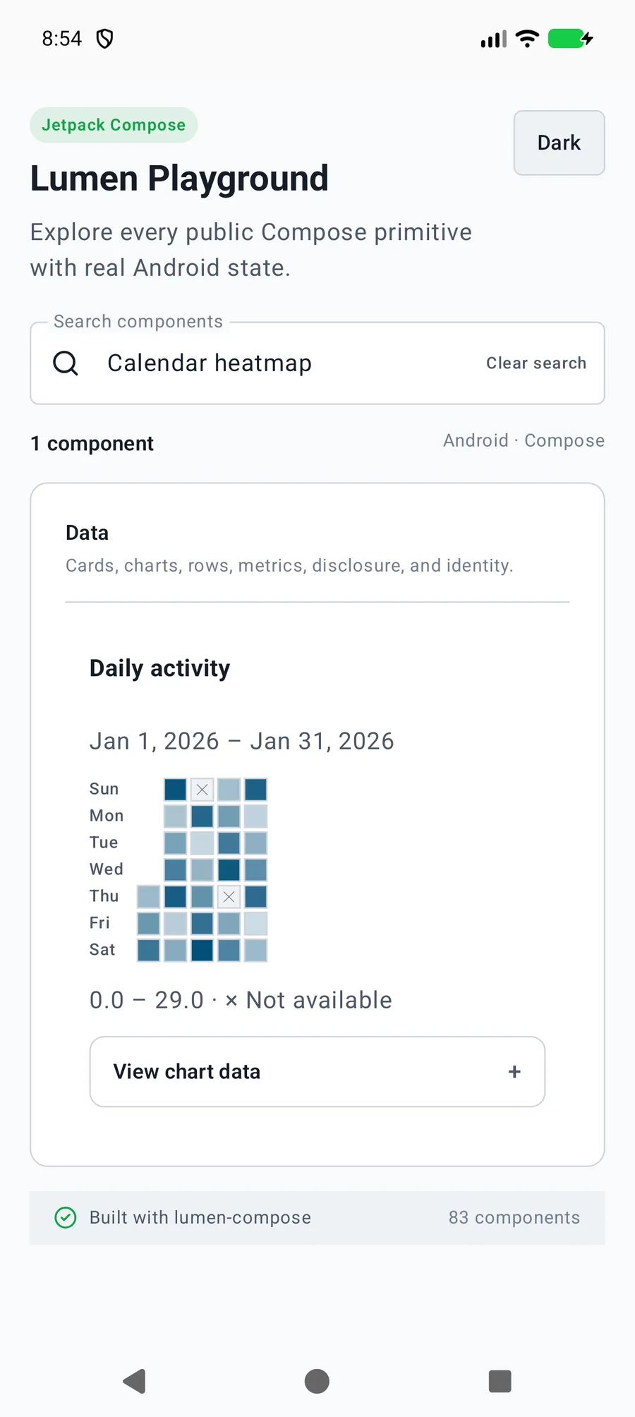 Calendar heatmap rendered in the Android phone emulator Lumen playground