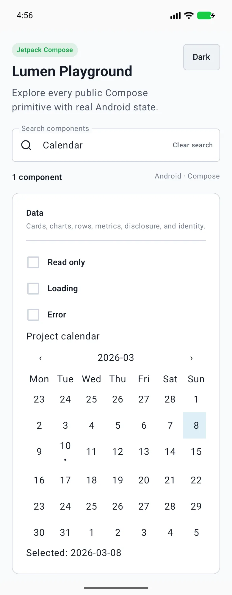 Calendar rendered in the Android phone emulator Lumen playground