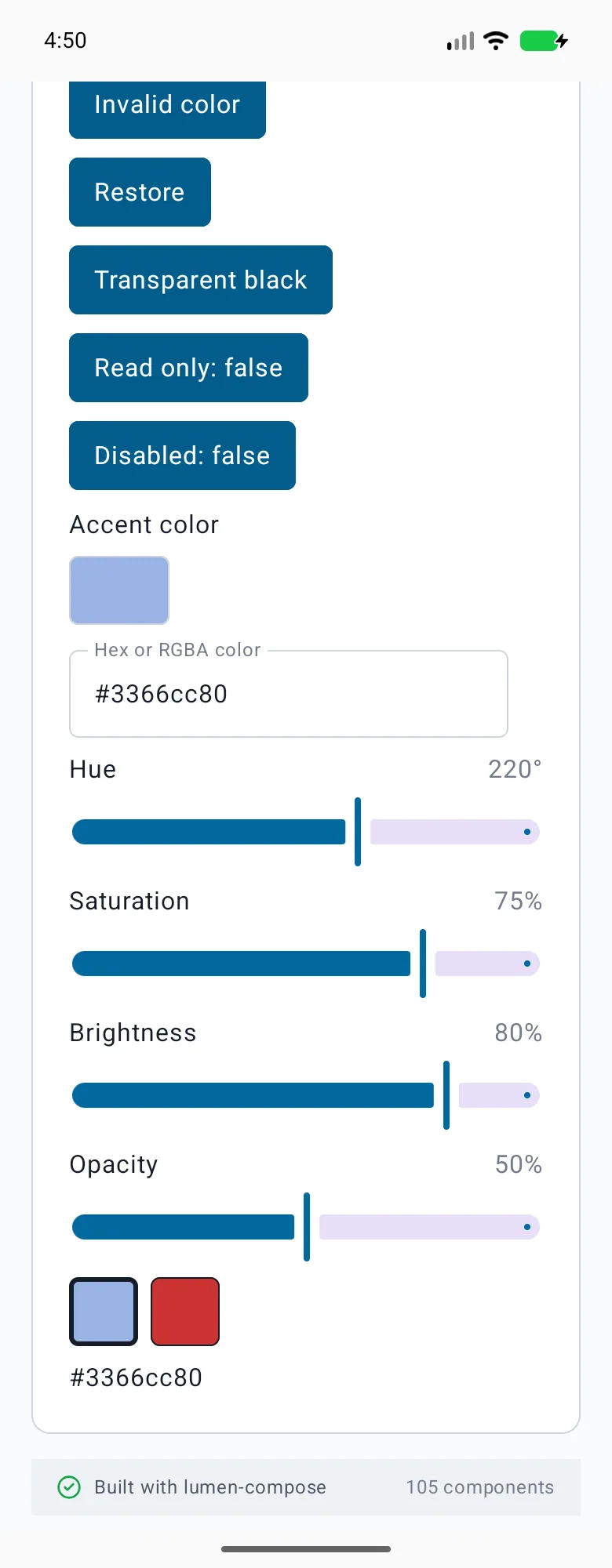 Color picker rendered in the Android phone emulator Lumen playground