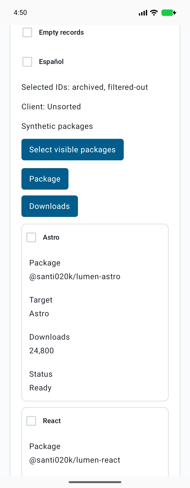 Data table rendered in the Android phone emulator Lumen playground
