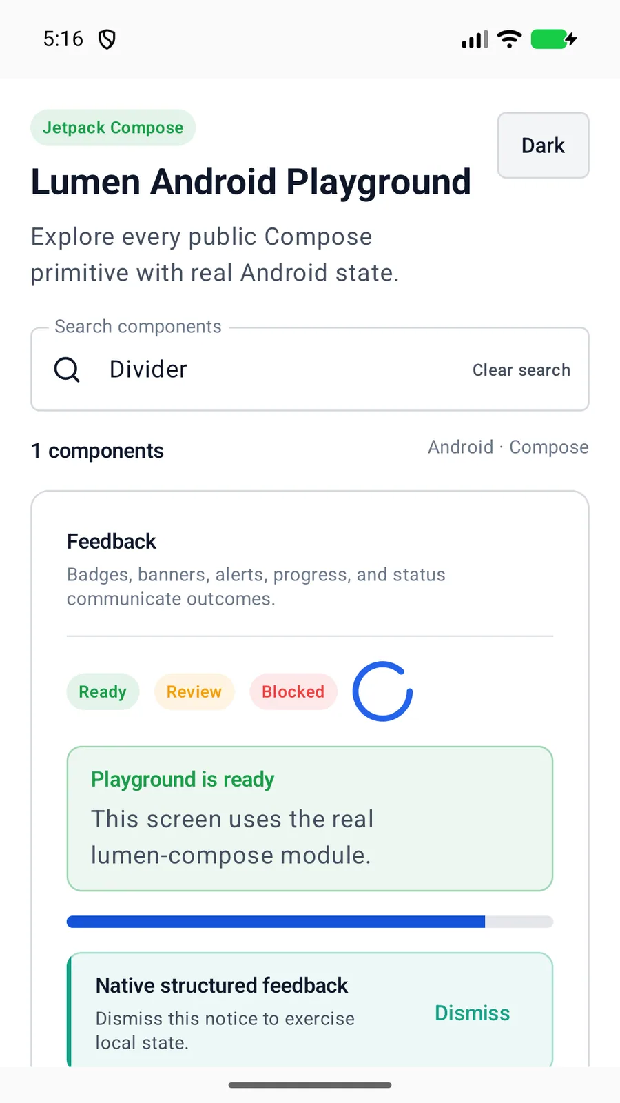 Divider rendered in the Android phone emulator Lumen playground