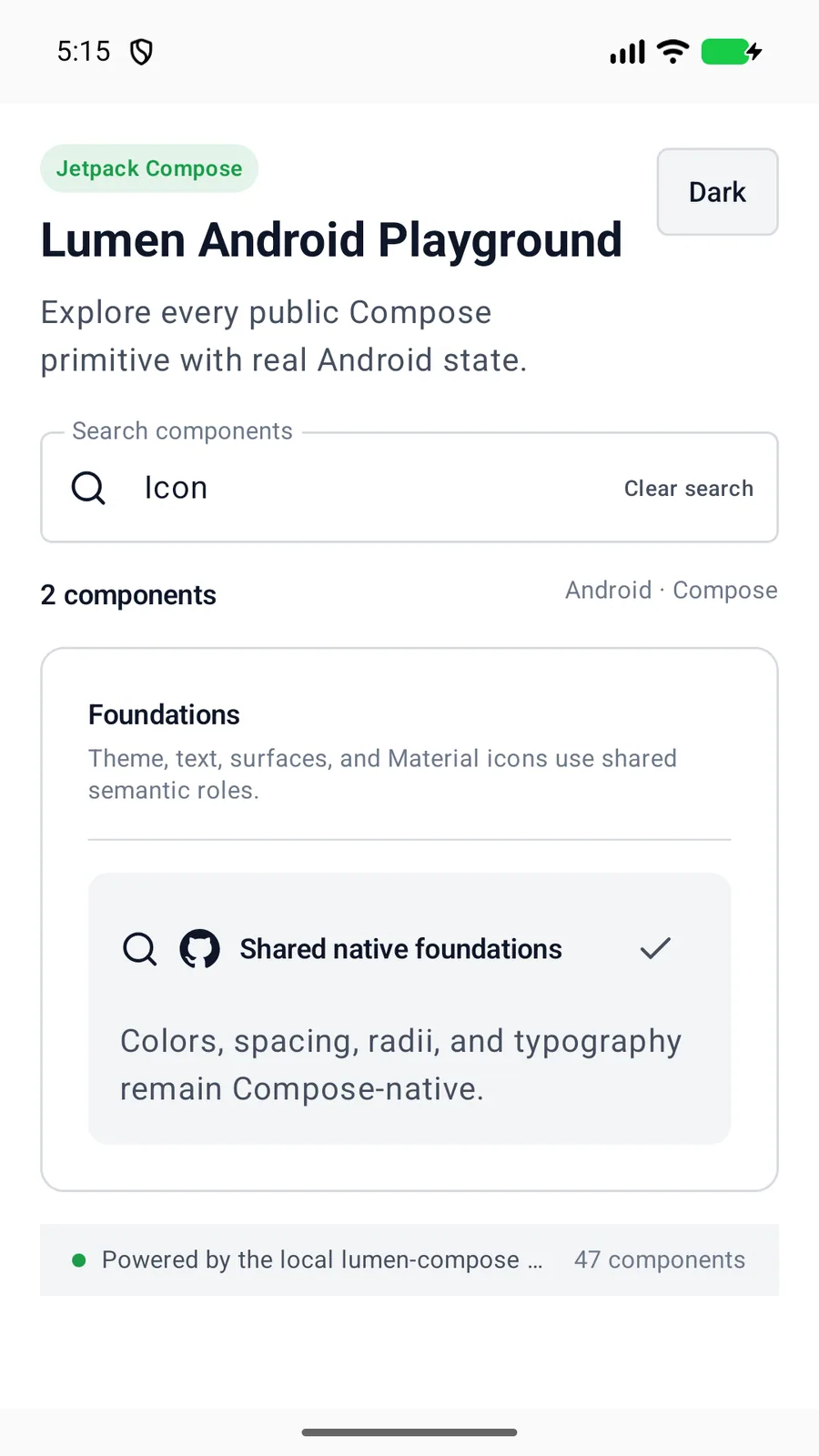 Icon rendered in the Android phone emulator Lumen playground