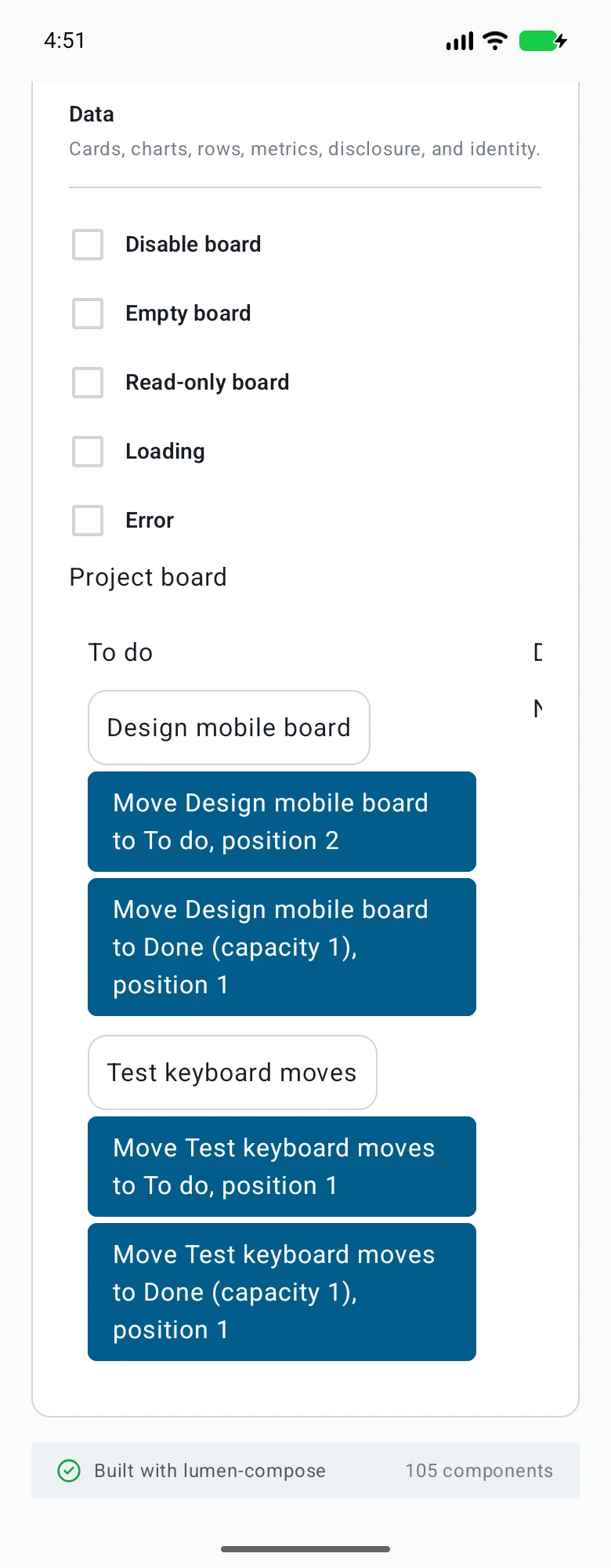 Kanban board rendered in the Android phone emulator Lumen playground