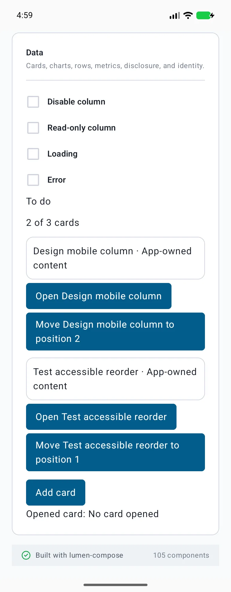 Kanban column rendered in the Android phone emulator Lumen playground