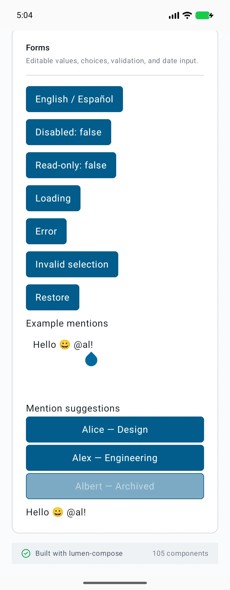 Mentions rendered in the Android phone emulator Lumen playground