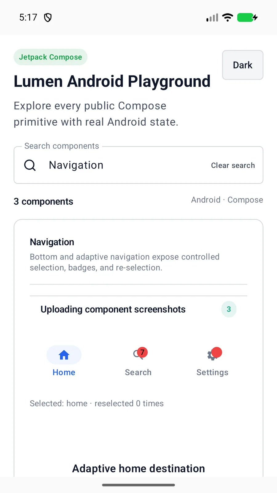 Navigation bar accessory rendered in the Android phone emulator Lumen playground
