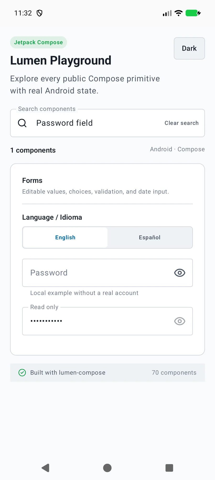 Password field rendered in the Android phone emulator Lumen playground