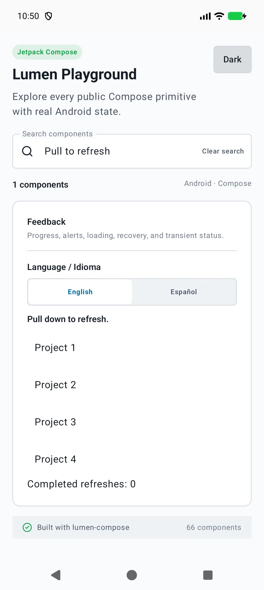 Pull to refresh rendered in the Android phone emulator Lumen playground