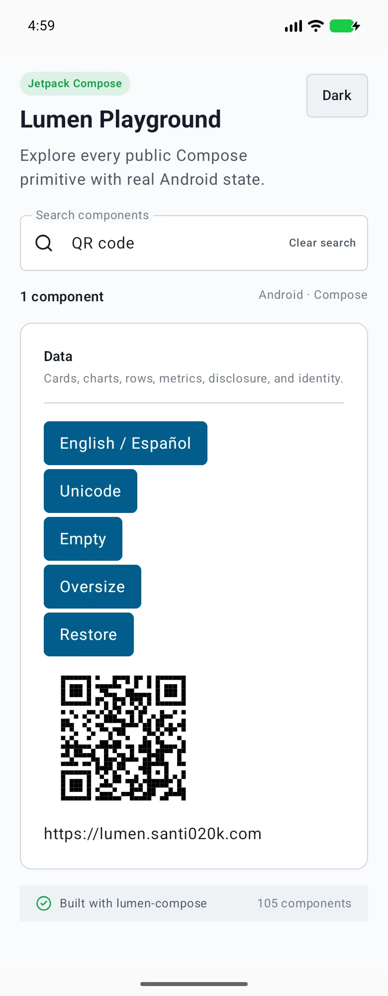 QR code rendered in the Android phone emulator Lumen playground