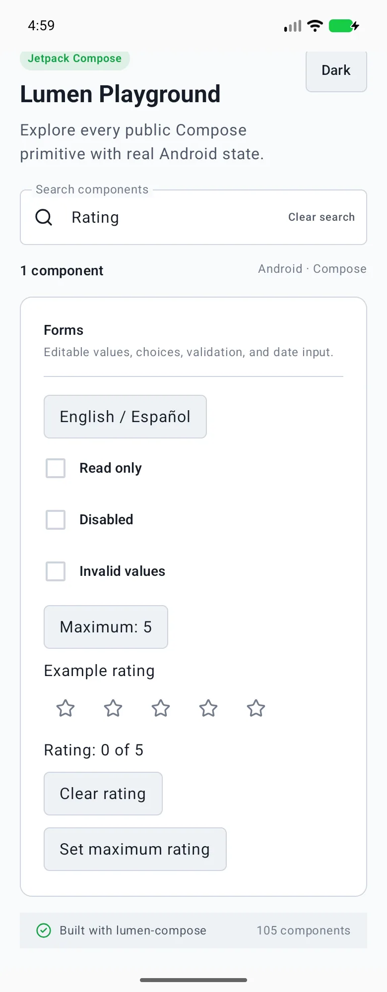 Rating rendered in the Android phone emulator Lumen playground