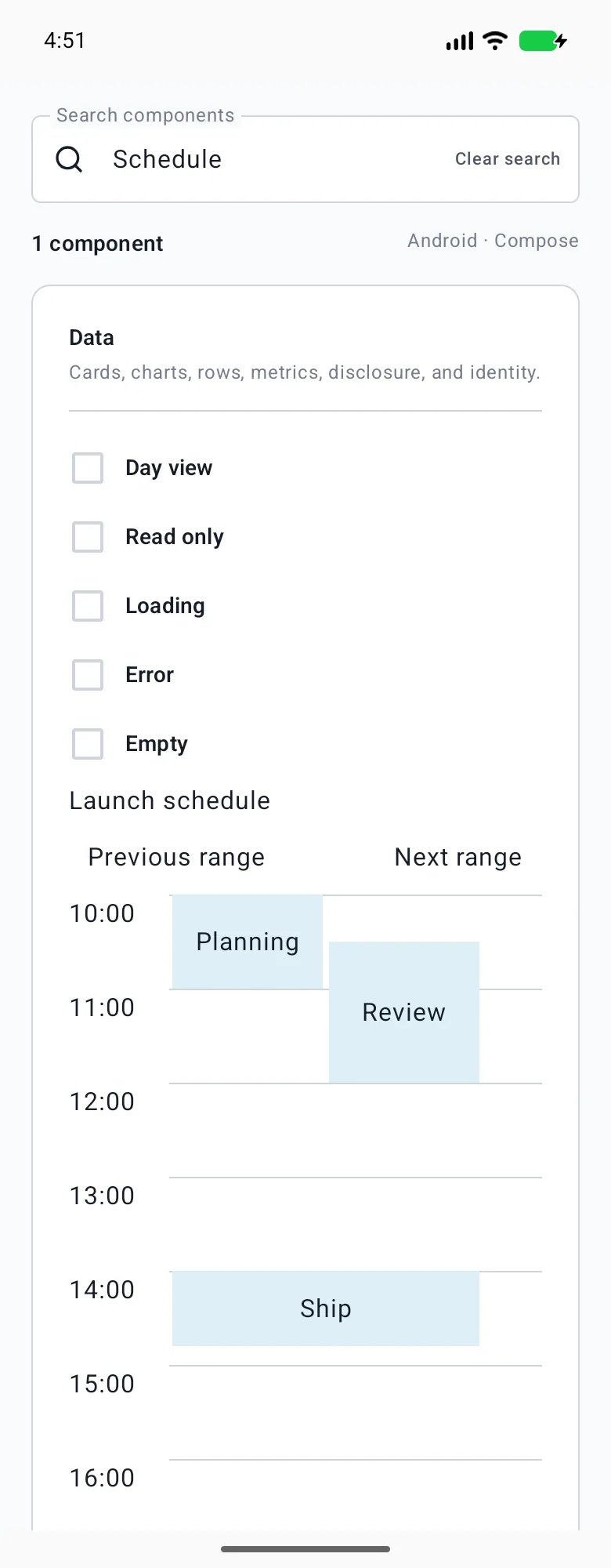 Schedule rendered in the Android phone emulator Lumen playground
