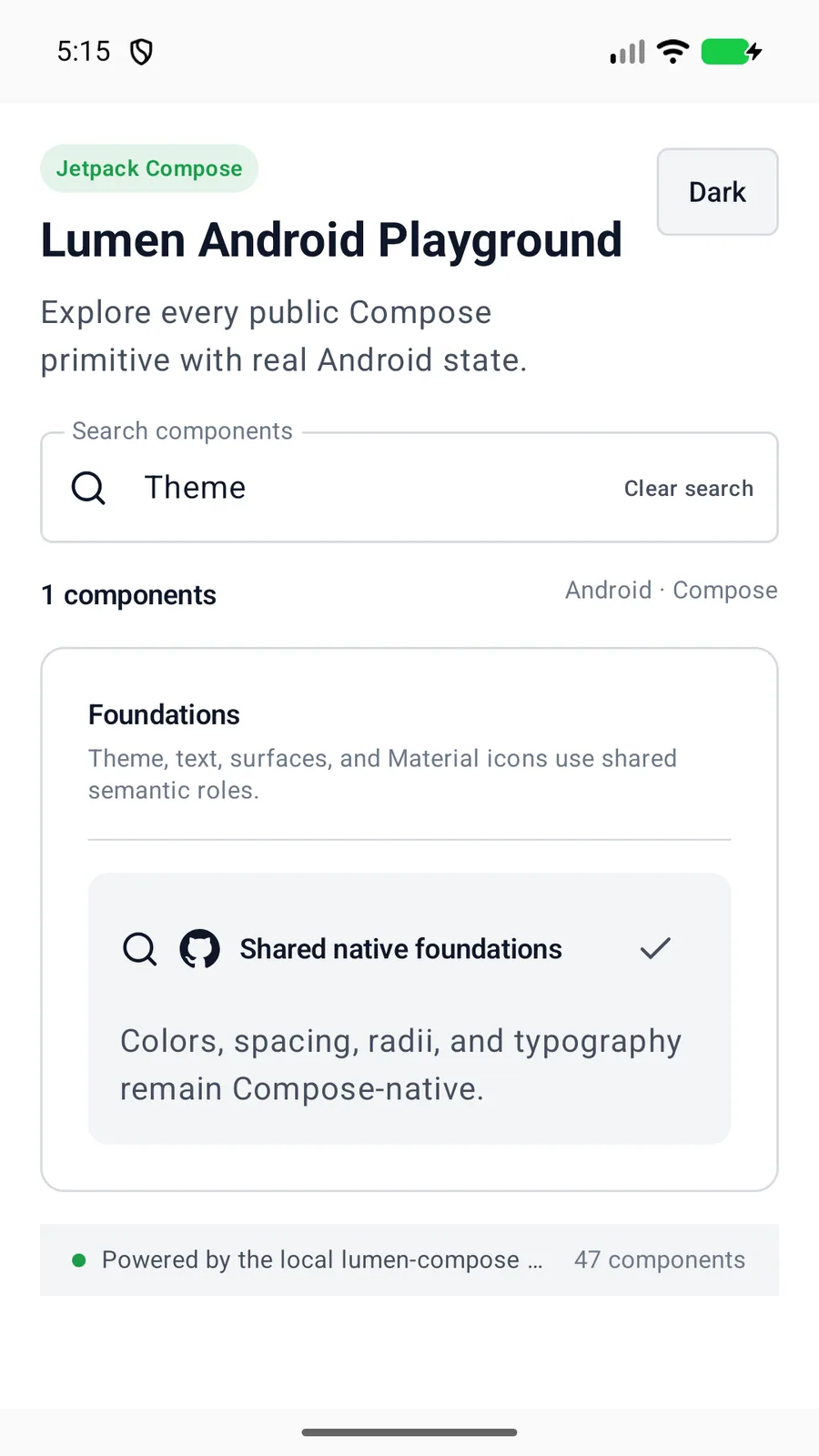 Theme rendered in the Android phone emulator Lumen playground