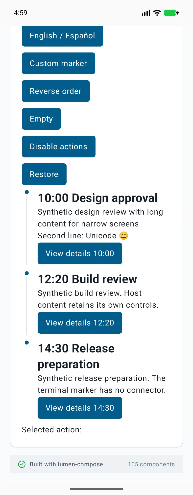 Timeline rendered in the Android phone emulator Lumen playground