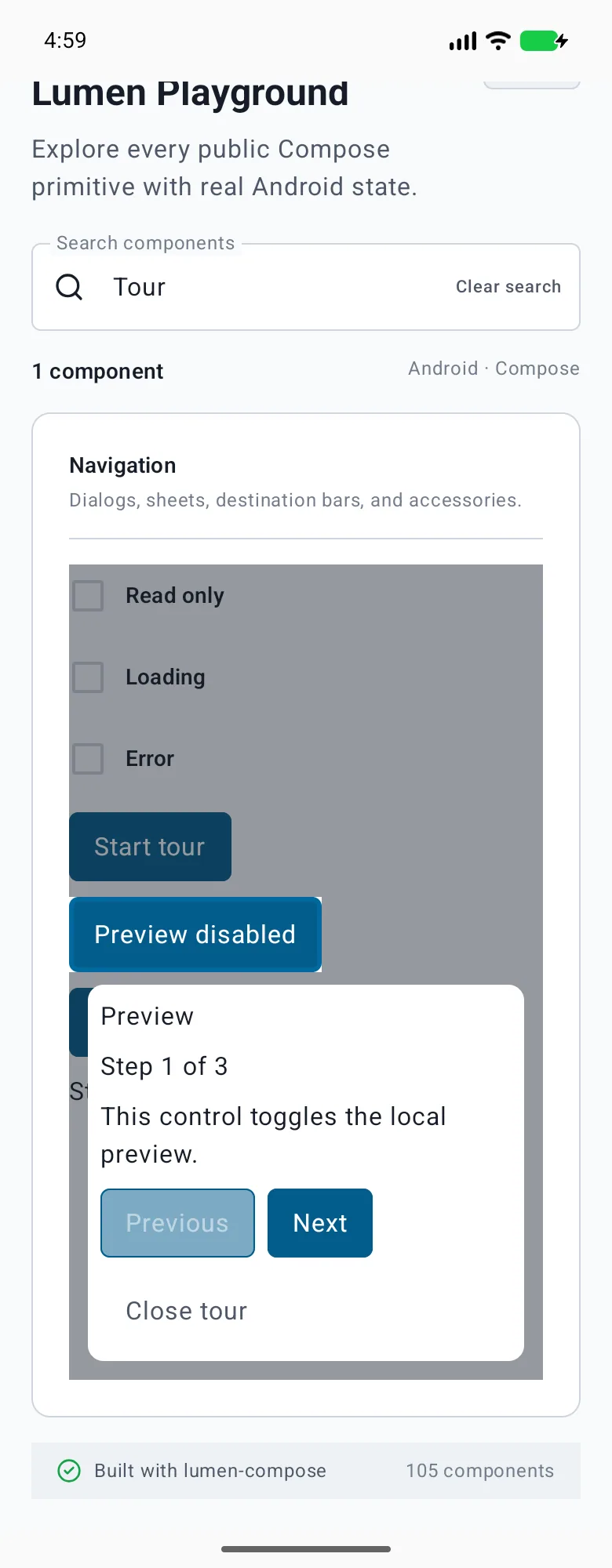 Tour rendered in the Android phone emulator Lumen playground