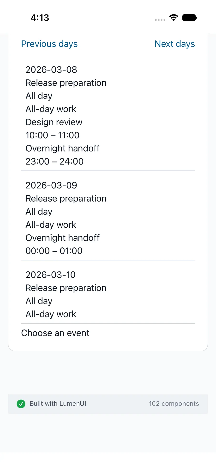 Agenda rendered in the iPhone simulator Lumen playground