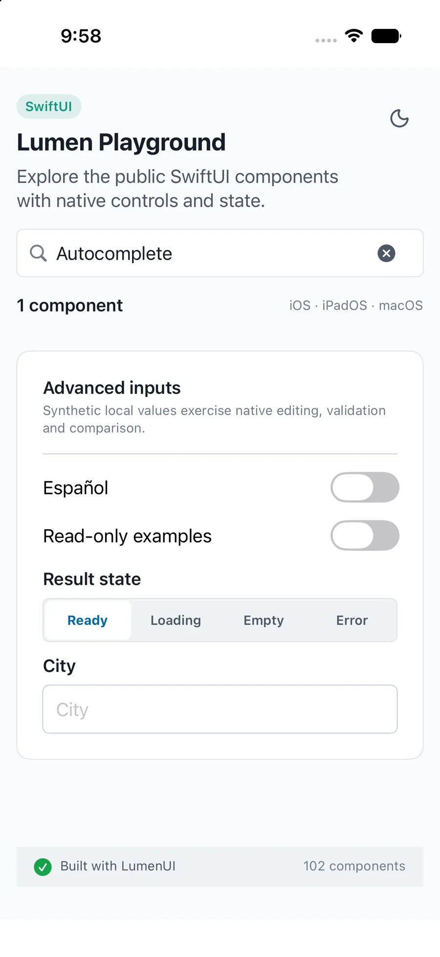 Autocomplete rendered in the iPhone simulator Lumen playground