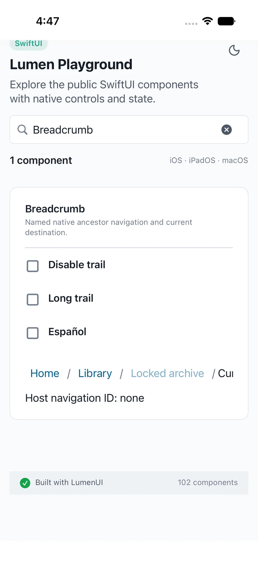 Breadcrumb rendered in the iPhone simulator Lumen playground