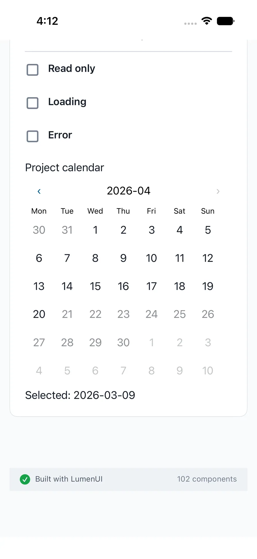 Calendar rendered in the iPhone simulator Lumen playground