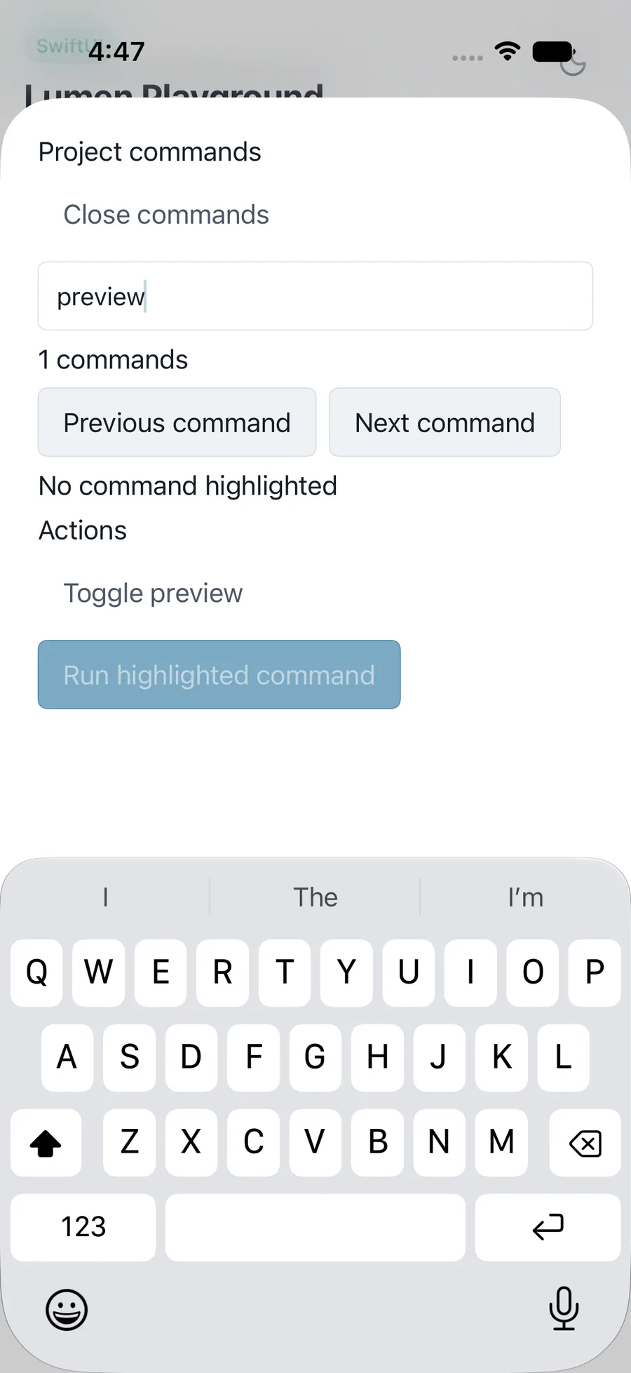 Command rendered in the iPhone simulator Lumen playground