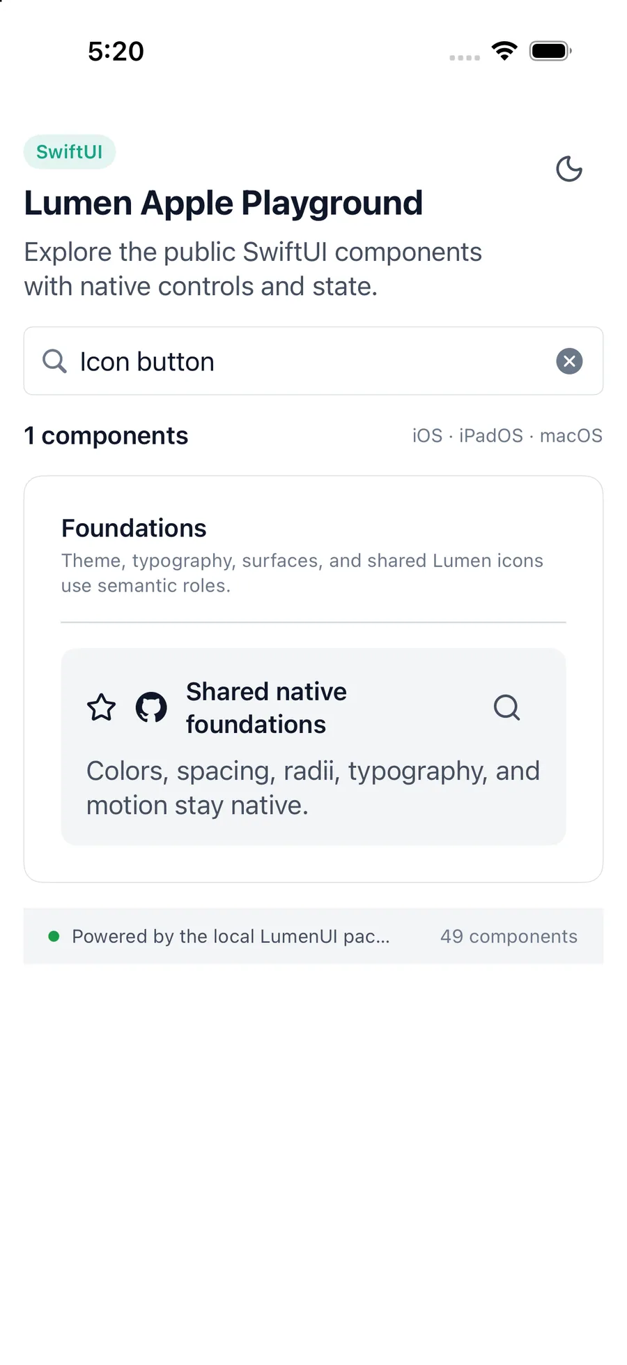 Icon button rendered in the iPhone simulator Lumen playground