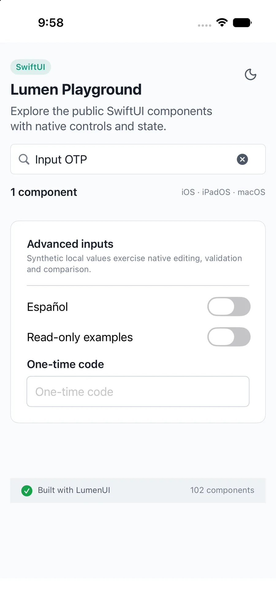 Input OTP rendered in the iPhone simulator Lumen playground