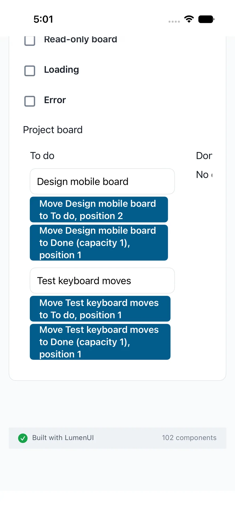 Kanban board rendered in the iPhone simulator Lumen playground
