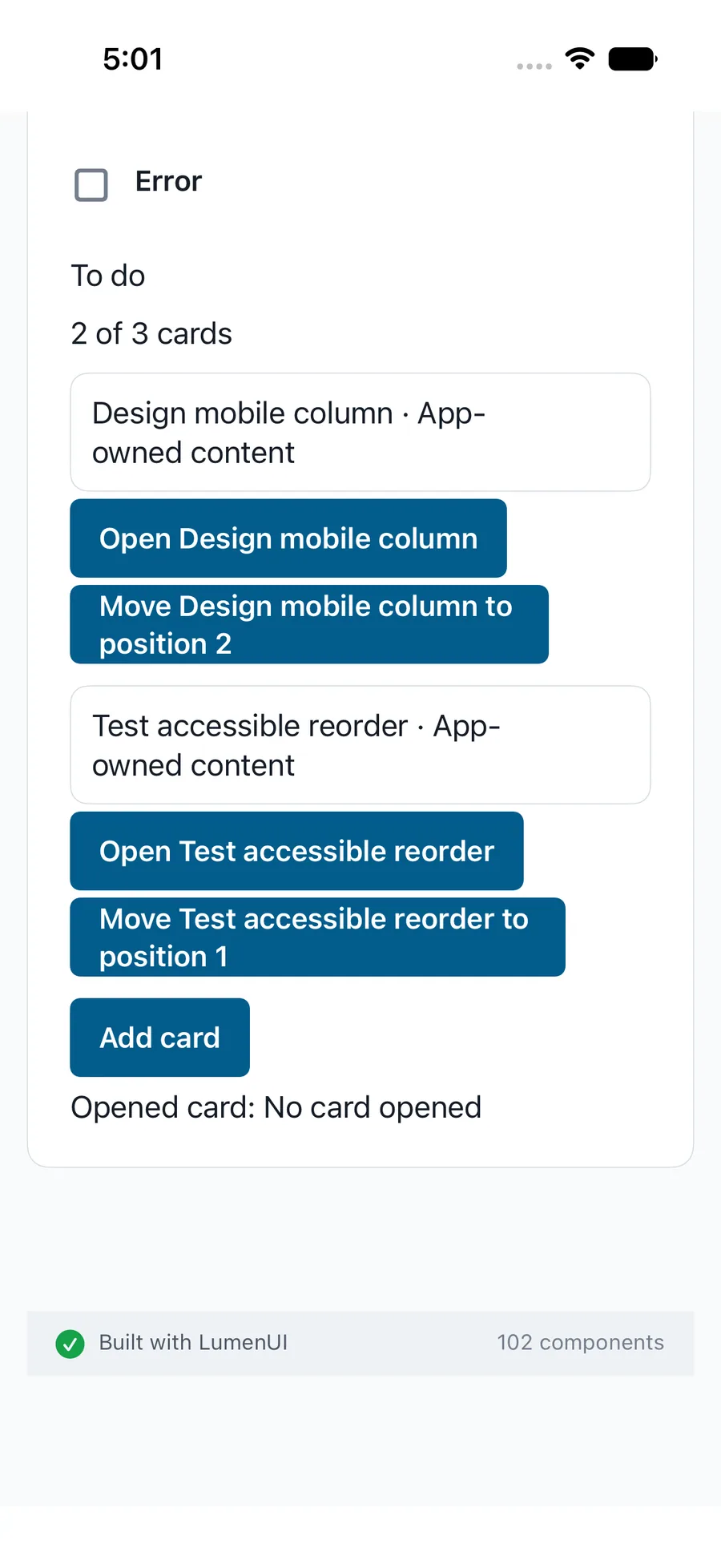 Kanban column rendered in the iPhone simulator Lumen playground