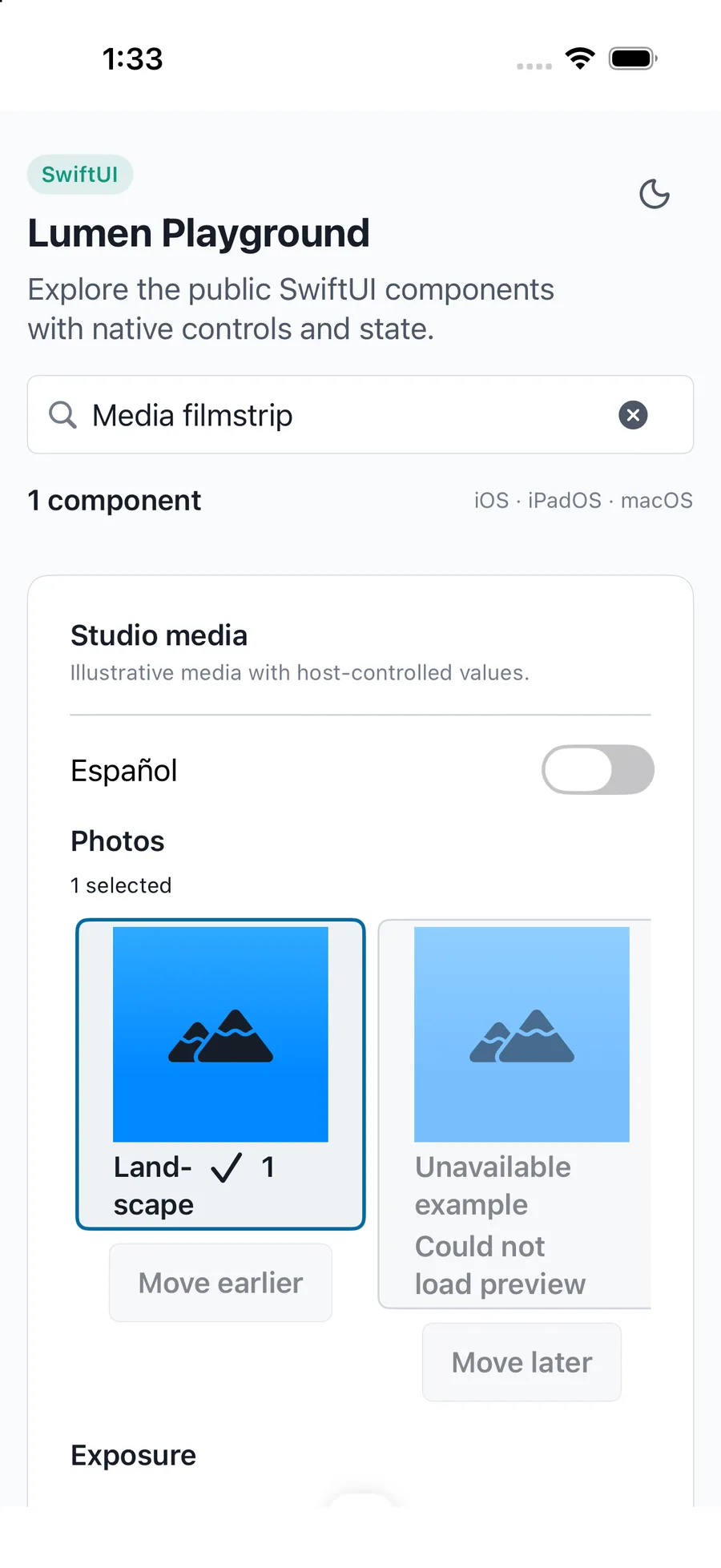 Media filmstrip rendered in the iPhone simulator Lumen playground
