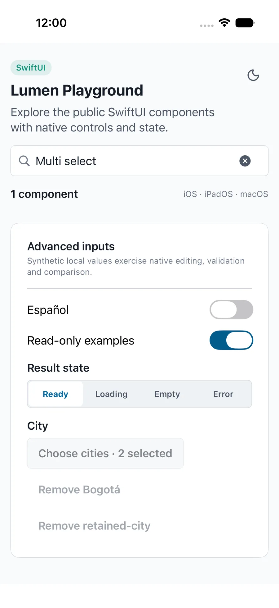 Multi select rendered in the iPhone simulator Lumen playground