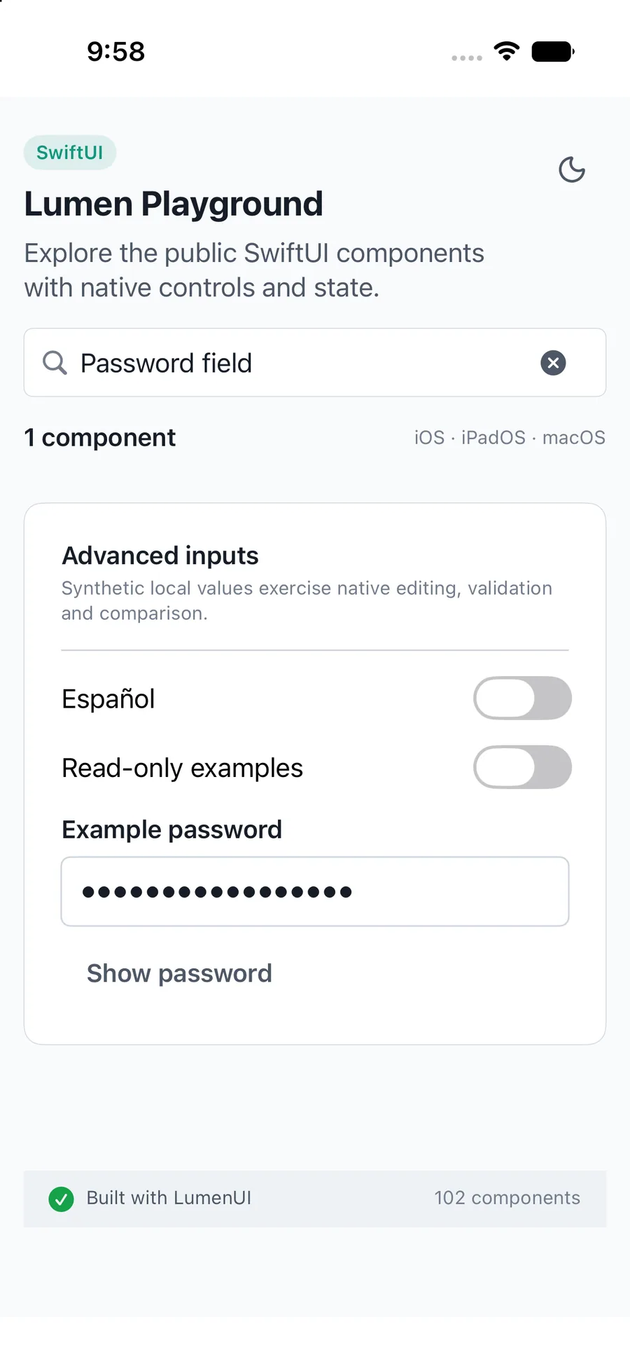 Password field rendered in the iPhone simulator Lumen playground