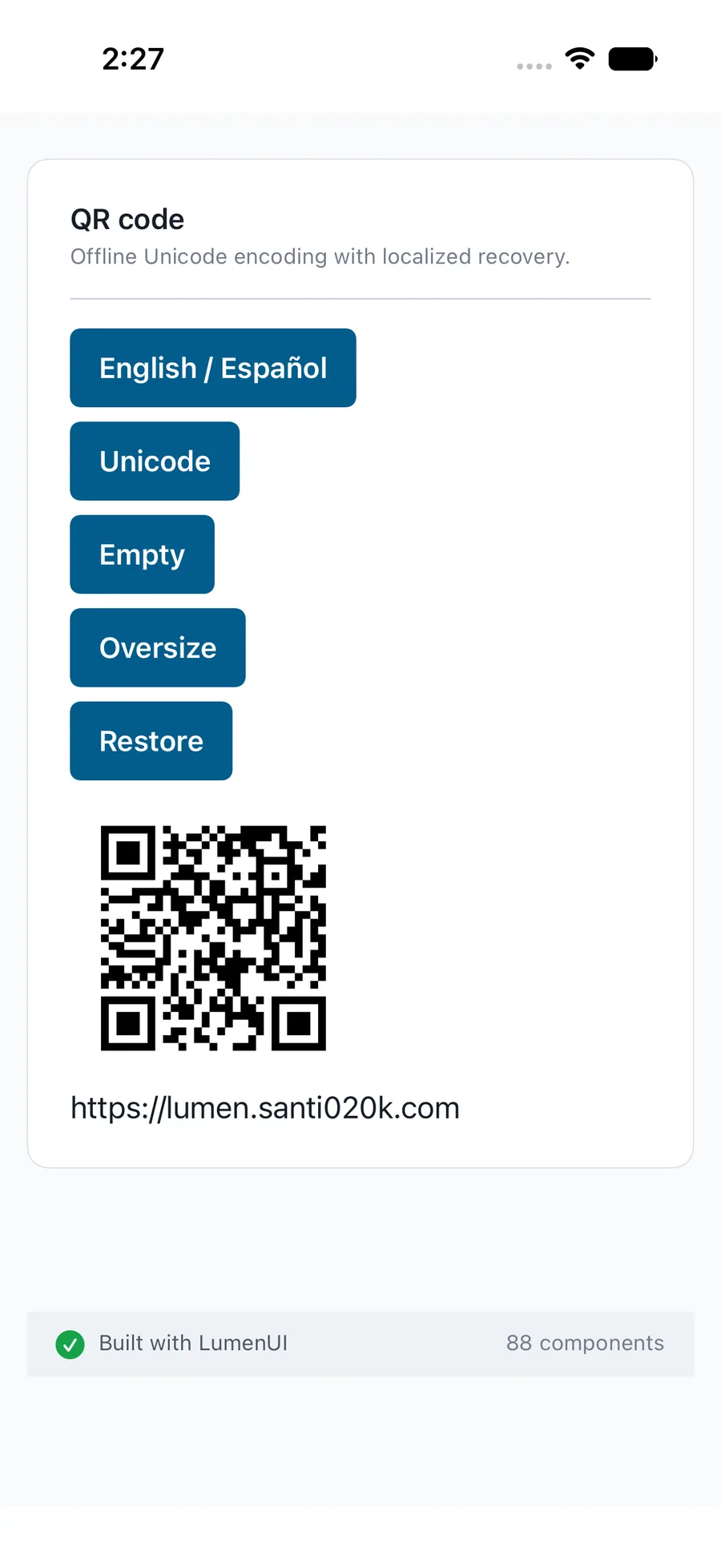 QR code rendered in the iPhone simulator Lumen playground