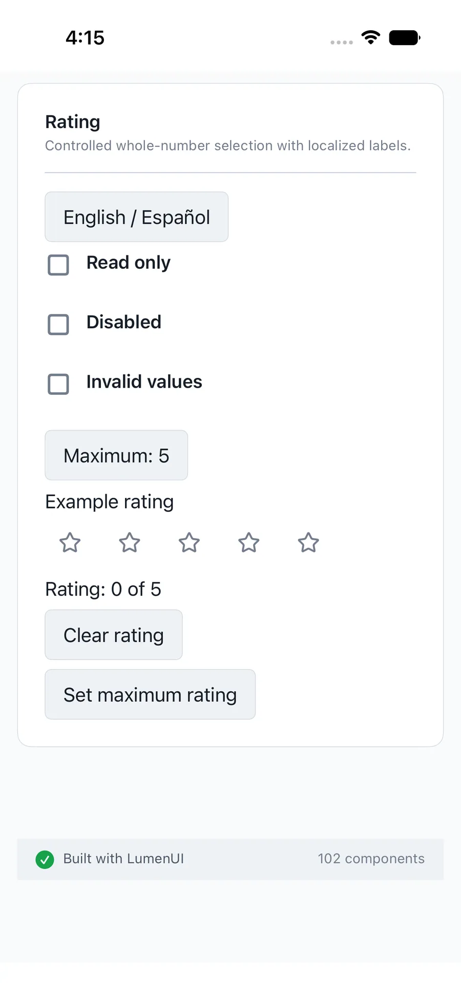 Rating rendered in the iPhone simulator Lumen playground
