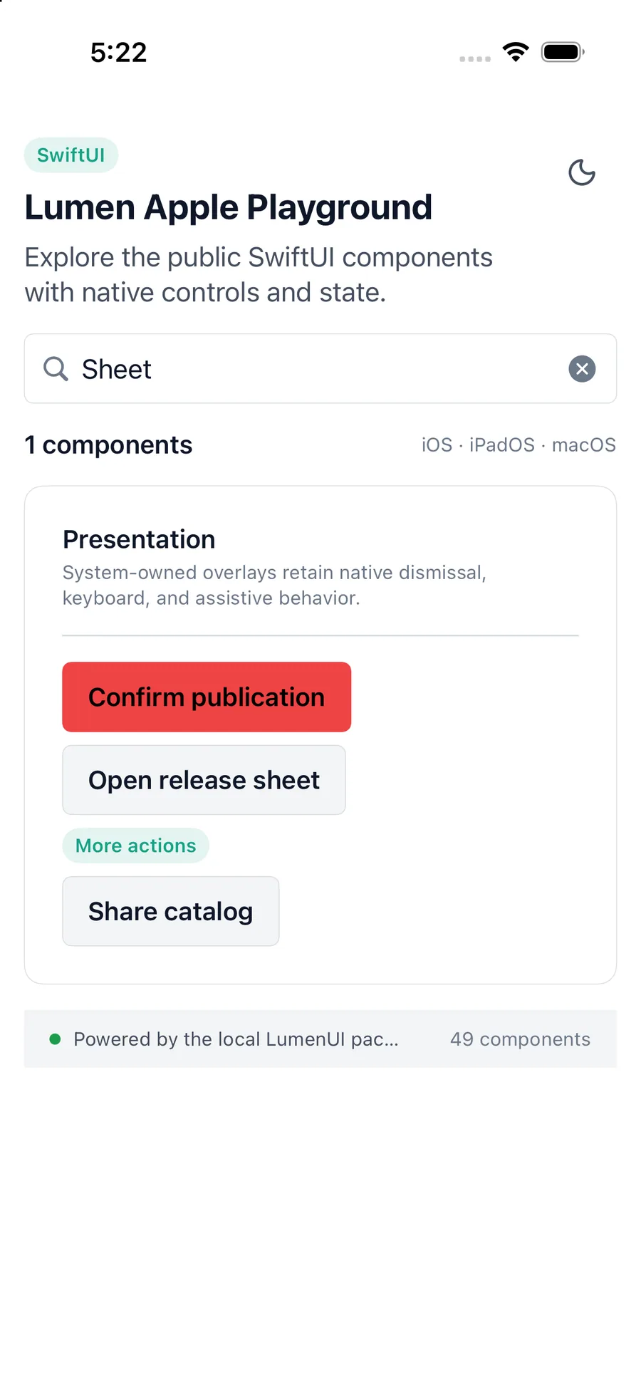 Sheet rendered in the iPhone simulator Lumen playground