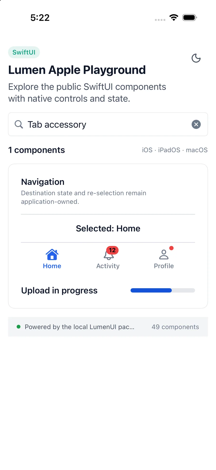 Tab accessory rendered in the iPhone simulator Lumen playground