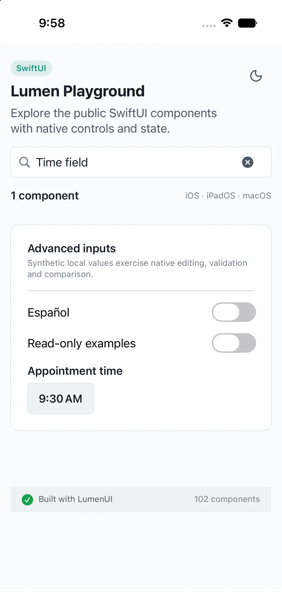 Time field rendered in the iPhone simulator Lumen playground
