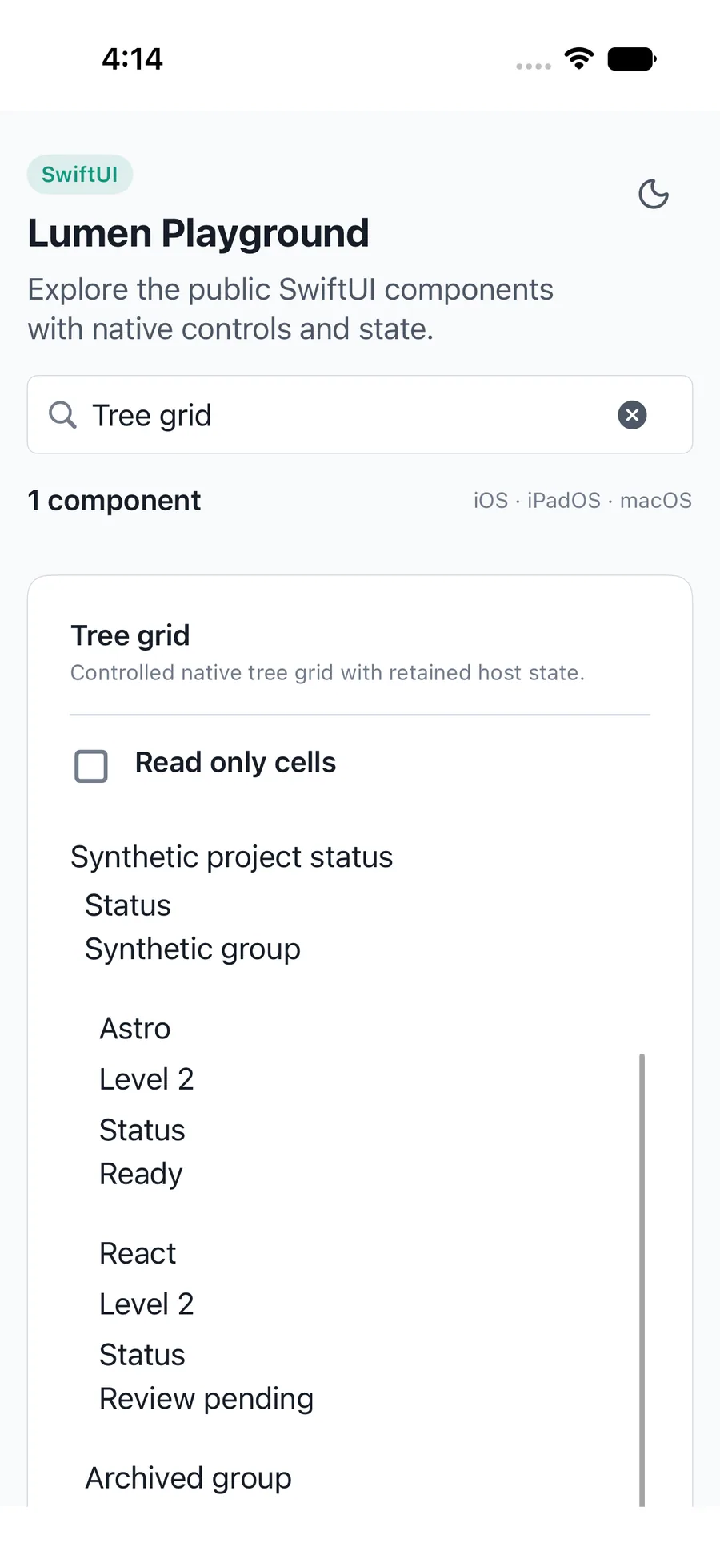 Tree grid rendered in the iPhone simulator Lumen playground