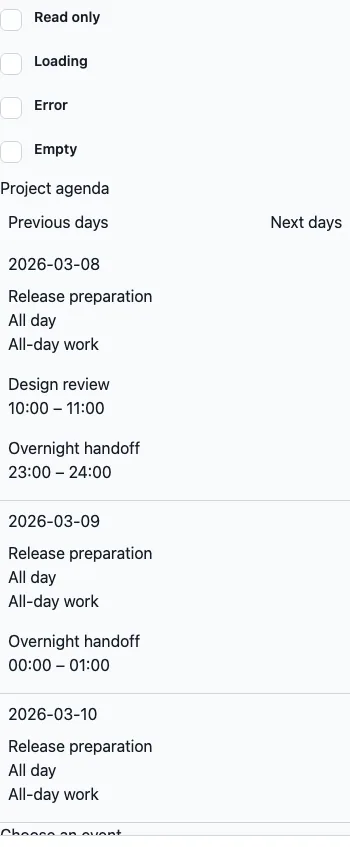 Agenda rendered in the Expo web renderer Lumen playground