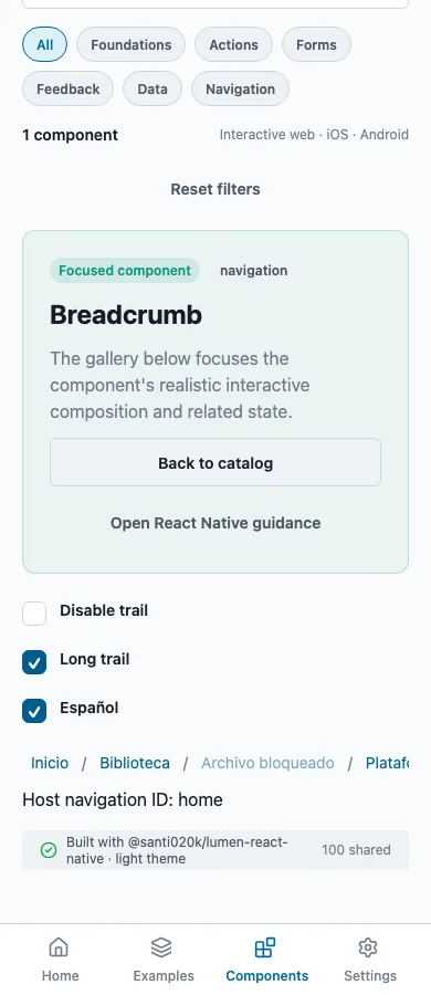 Breadcrumb rendered in the Expo web renderer Lumen playground
