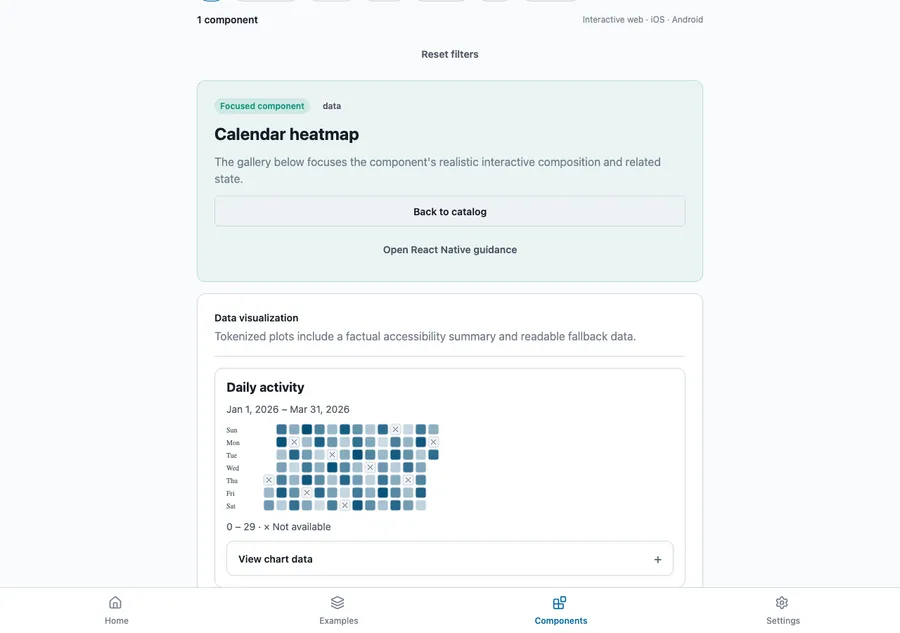 Calendar heatmap rendered in the Expo web renderer Lumen playground