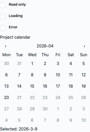 Calendar rendered in the Expo web renderer Lumen playground