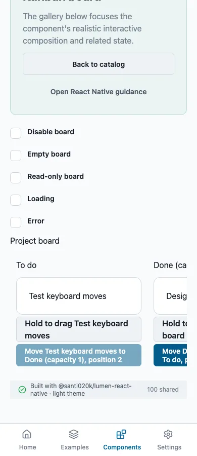 Kanban board rendered in the Expo web renderer Lumen playground