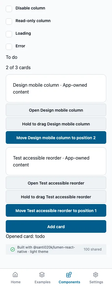 Kanban column rendered in the Expo web renderer Lumen playground